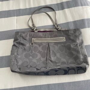 Coach Gray Signature Tote Bag with Leather Trim